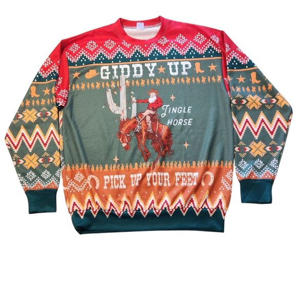 Giddy Up Jingle Horse Cowboy Christmas Ugly Sweatshirt Cowboy Retro L NEW‎ NWOT - Picture 1 of 10
